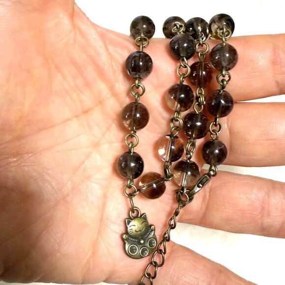 Natural Smoky Quartz Short Necklace, Genuine Gemstone + Cute Bronze Fortune Cat - Picture 14 of 14